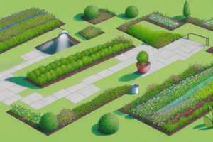 Illustration of a landscaped backyard irrigation system